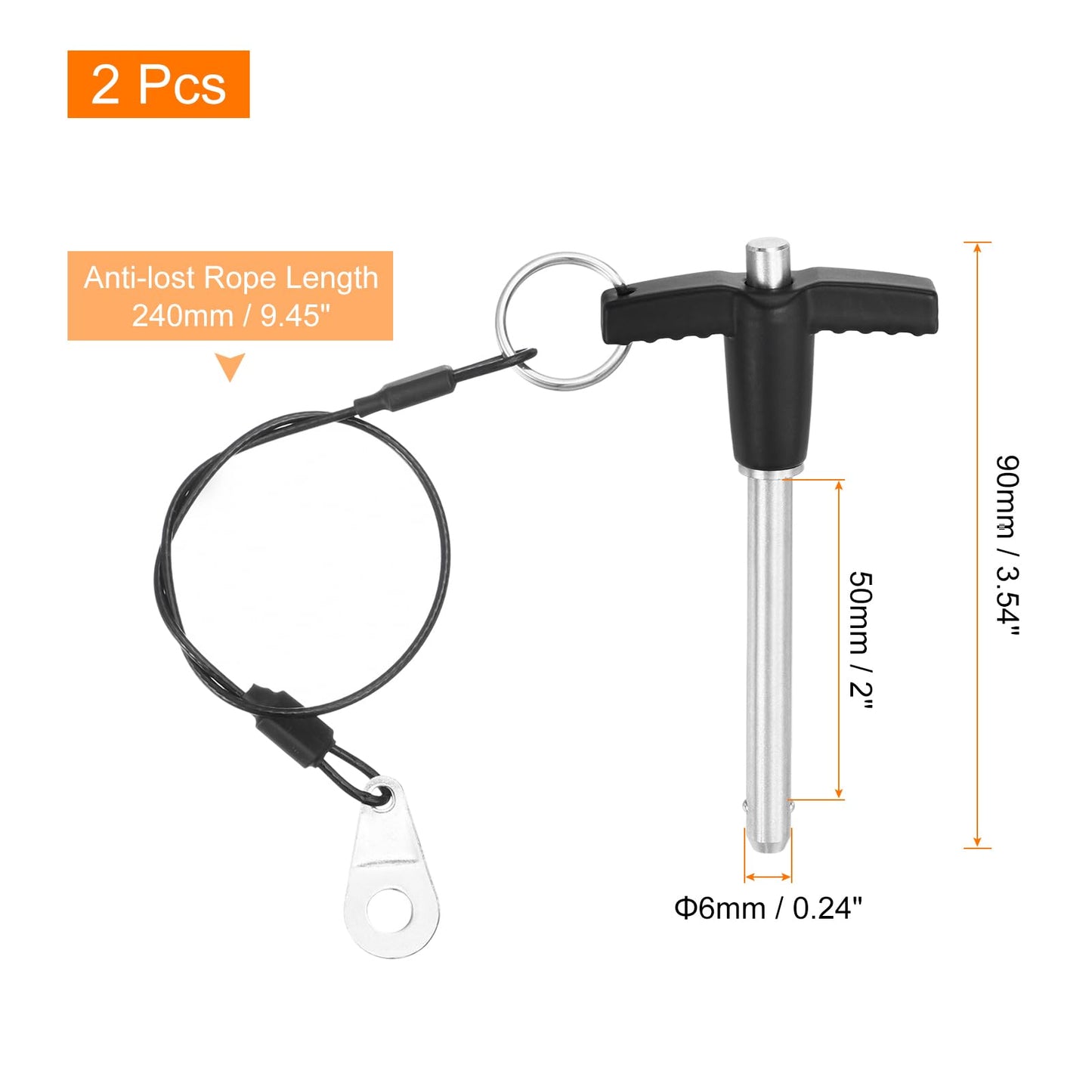 uxcell 2 Pcs T Handle Quick Release Pin, 1/4" x 2"(Dia. x L) 304 Stainless Steel Push-Button Quick Release Pin with Lanyard Cable for Audio Bimini Top Marine Hardware, Silver