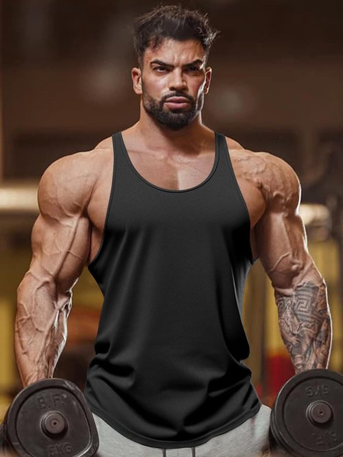 FITMENS Mens Workout Tank Tops Fitness Bodybuilding Sleeveless Gym Muscle Stringer Shirts Black