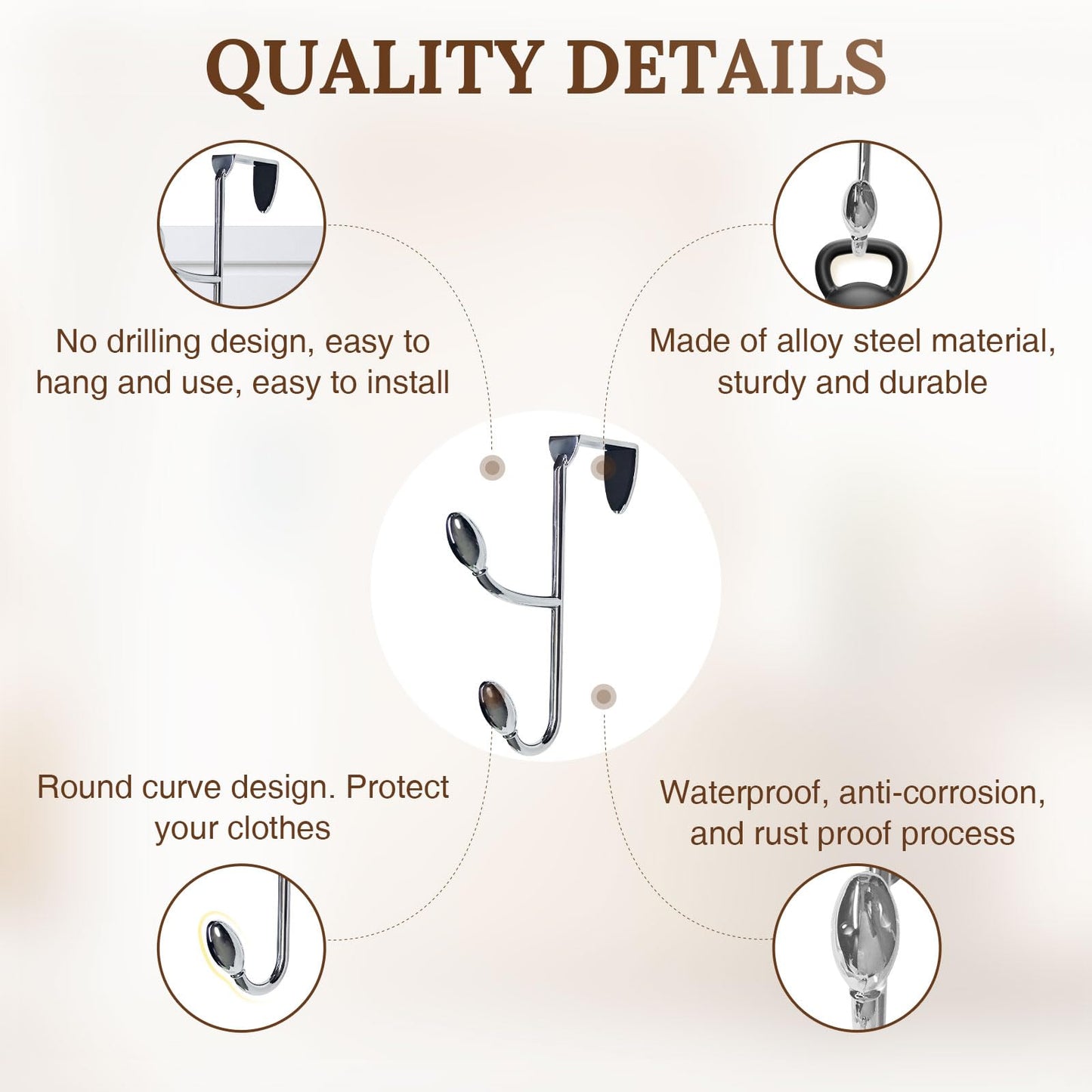 FantasHome Traditional Over The Door Double Hooks, Organizer for Hanging Coats, Hats, Towels, Purses in Bedroom, Bathroom, Laundry Room and More - Silver