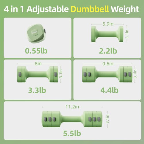 Lightweight Adjustable Dumbbell Kettlebell Set - 4 in 1 Free Weight Set with Kettlebell Grip Converter, Each 2.2 3.3 4.4 5.5lb Quick Change Weight Women Dumbbell Set for Small Spaces Home Gym