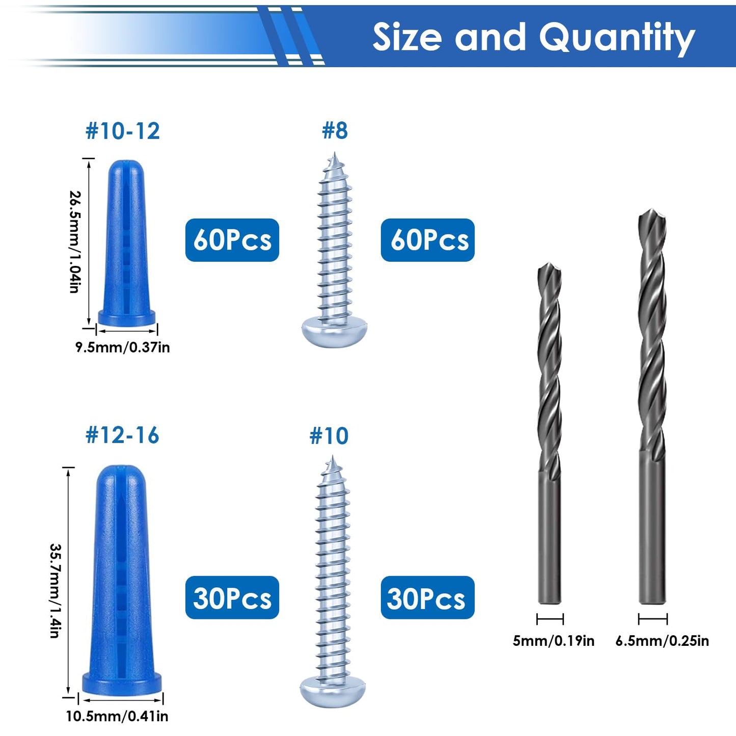 smseace Concrete Anchors and Screws Kit, 182PCS, Blue, Zinc-Plated Carbon Steel, PE Material, Screw Fasteners, Ideal for Securing Items to Walls (Brick, Concrete, Drywall, Wood), DIY Projects