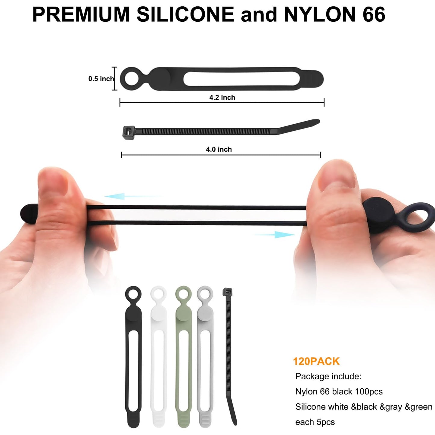 120 Pcs Cable Organizer Set, 20pcs Silicone Cable Ties Reusable & Nylon Cable Ties 100pcs, Multipurpose Elastic Cord Management Organizer for Charger, USB, Phone, Data Cables - Black White Green Grey