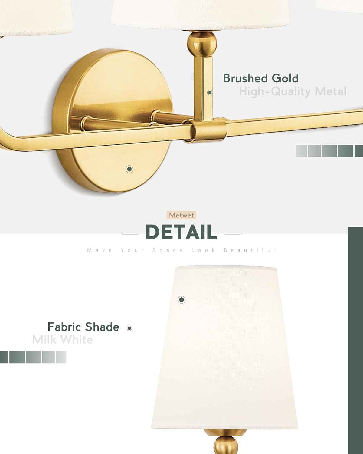 Brushed Gold 2-Light Bathroom Vanity Wall Sconce with White Fabric Shade - Modern Lighting for Hallway & Bedroom