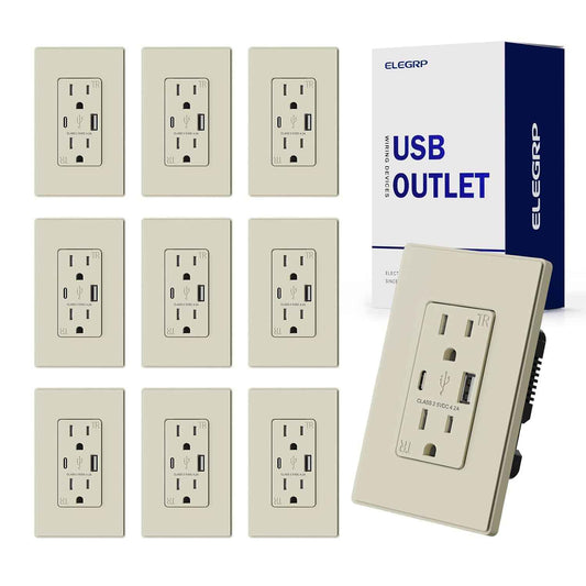 USB Wall Charger Outlet with A & C Ports - 15A Tamper Resistant, UL Listed, 6 Pack, Light Almond