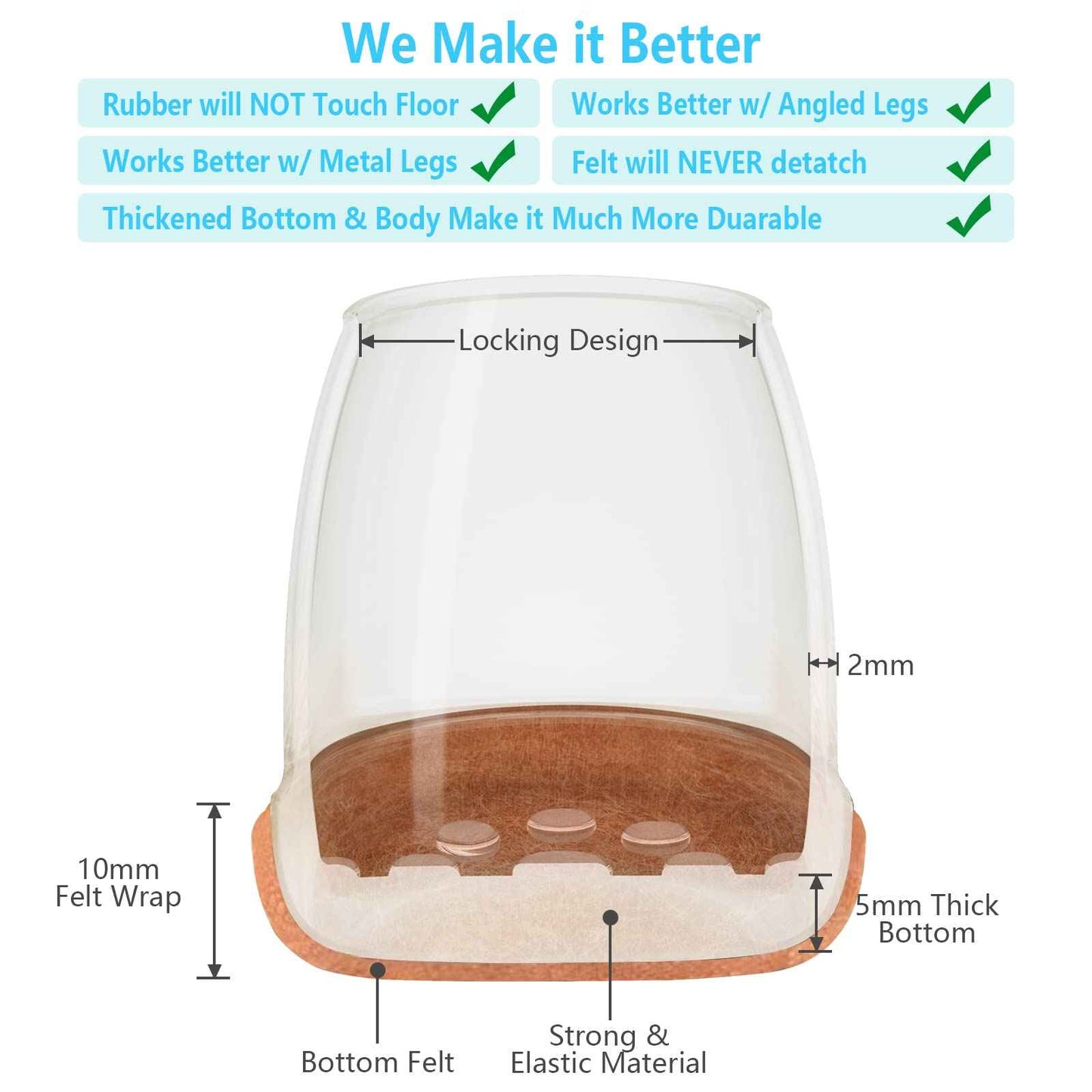 16 Pack Chair Leg Floor Protectors for Hardwood Floors, Round Rubber Furniture Sliders, 360°Felt Pad Bottom Wrapped Thickening Silicone Furniture Legs Caps Covers(Round,Clear-Brown-S)