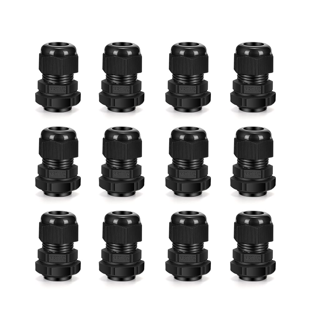 CGELE Cable Gland 12 Pack 1/2" NPT Waterproof Adjustable Connector Strain Relief Cord Connectors Joints Nylon with Gaskets…