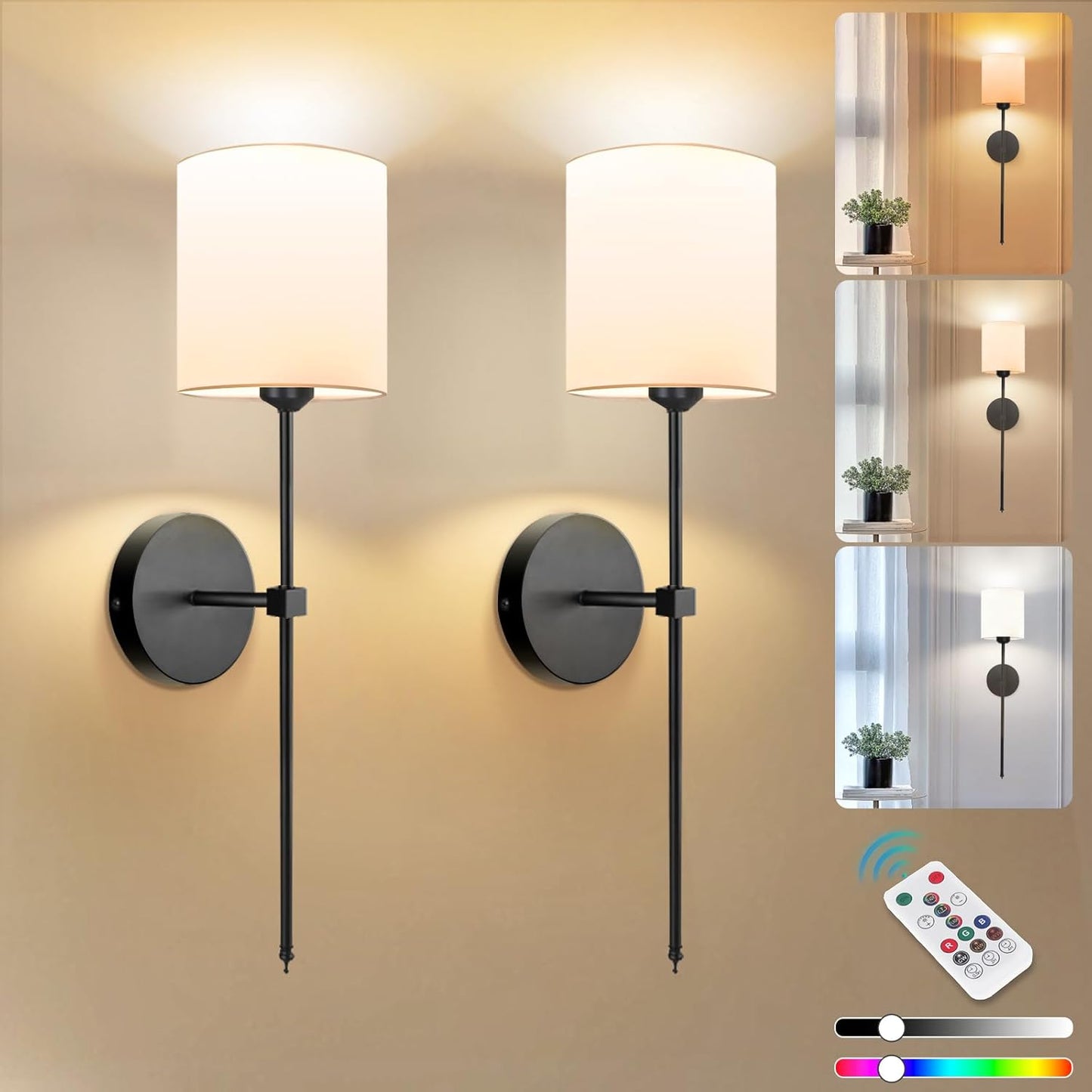 Rechargeable Black Wall Sconce Set of 2 - 5CCT Wireless Dimmable Lights with Remote for Bedroom & Living Room