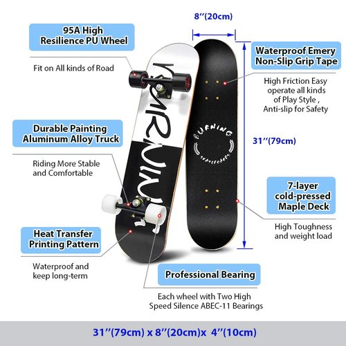 PHOEROS Complete Skateboards- Standard Skateboards for Beginners Kids Boys Girls Teenager- 31''x 11''Canadian Maple Cruiser Pro Skate Board, Skateboards