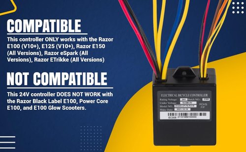 24V Controller for Razor E100 Scooter - Control Module with 7 Connectors (4 Pin Throttle) for Razor E100, E125 (V10+), E150, E175 (V18+) - ZK2400-DP-LD-ROHS, ZK2400-DP-FS-ROHS, Part #W13111612015