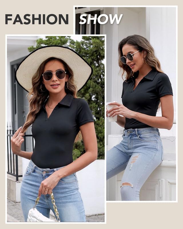 SHAPERIN Women's V-Neck Polo Bodysuit - Sexy Slim Fit Leotard in Multiple Sleeve Styles