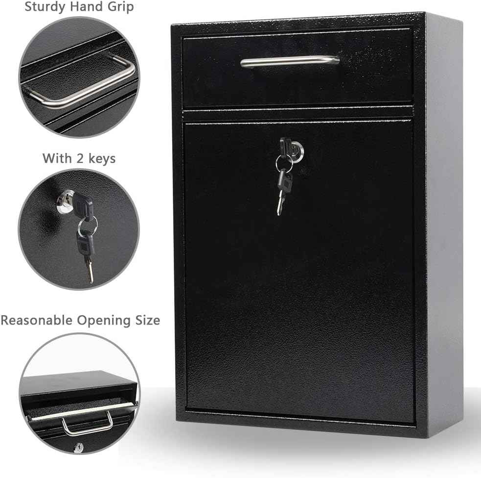 Secure Wall-Mount Mailbox with Lock | KYODOLED Large Steel Drop Box, Black, 16.2H x 11.22L x 4.72W