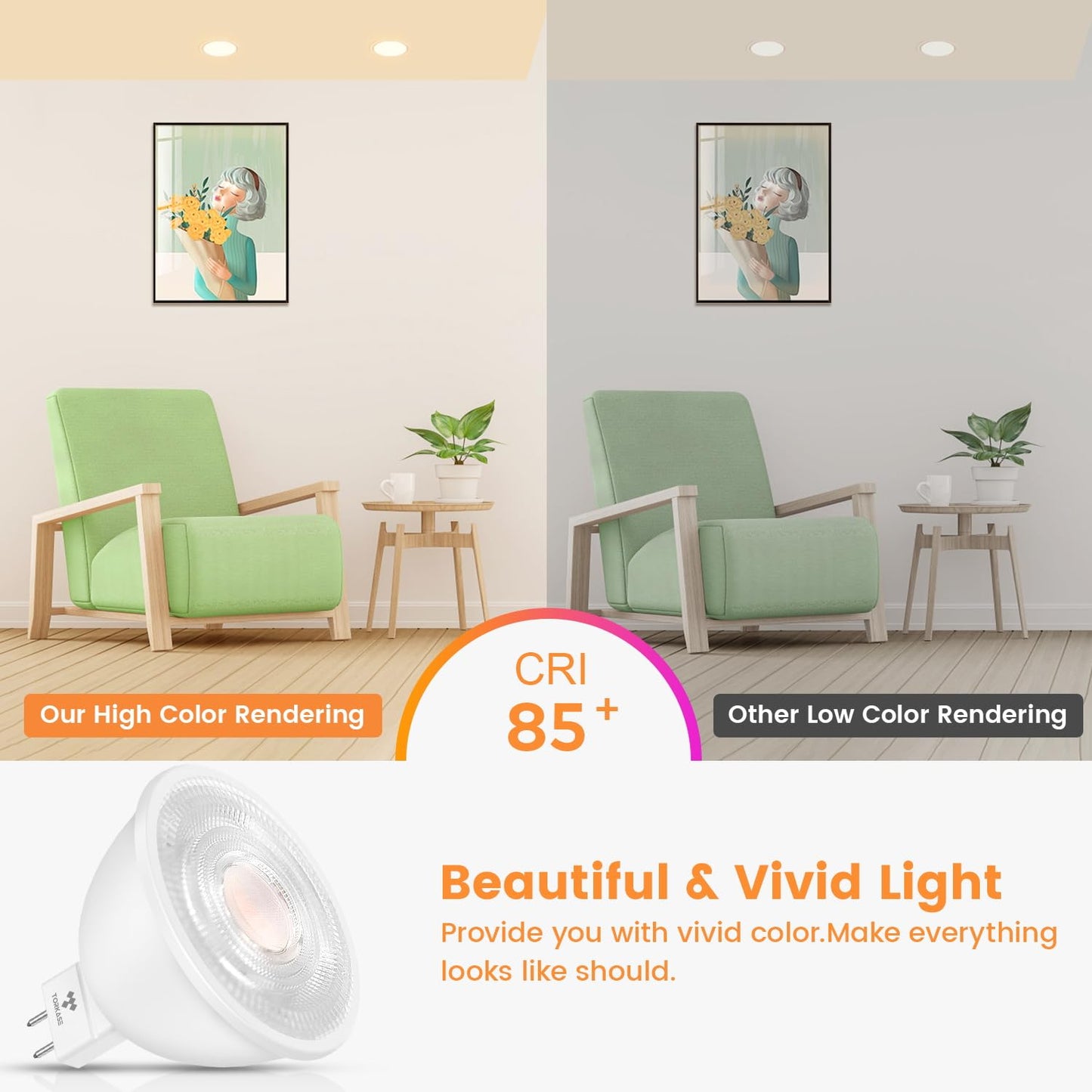 Torkase MR16 LED Bulbs Dimmable 6 Pack, 50W Halogen Equivalent, 5W GU5.3 12V Spotlight, 3000K Soft White, 500LM, 40° Beam Angle, UL Listed, Eye-Friendly, for Landscape, Recessed, and Track Lighting