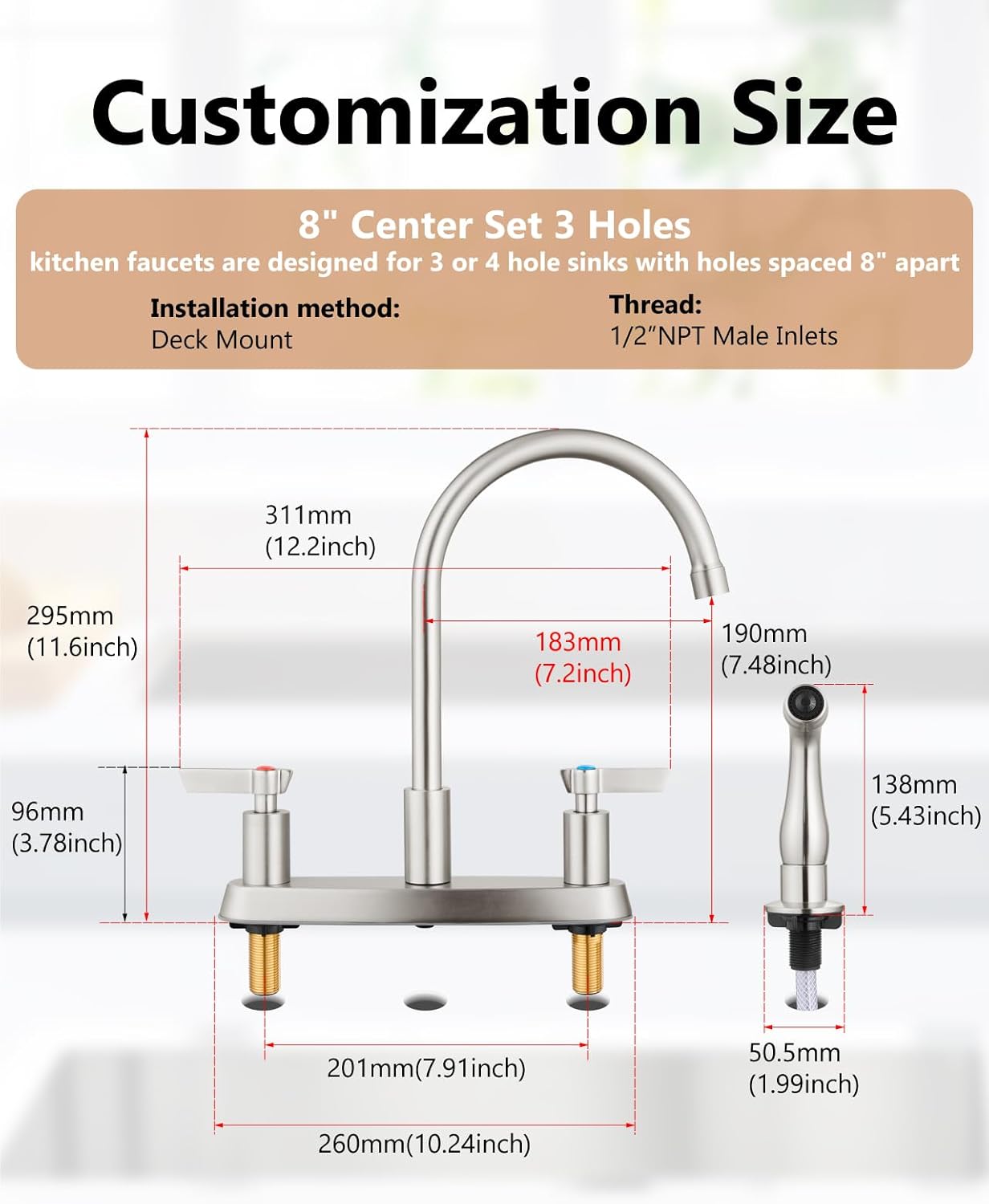 Brushed Nickel Kitchen Faucet with Sprayer - 2 Handle 8-Inch Centerset 3 Hole