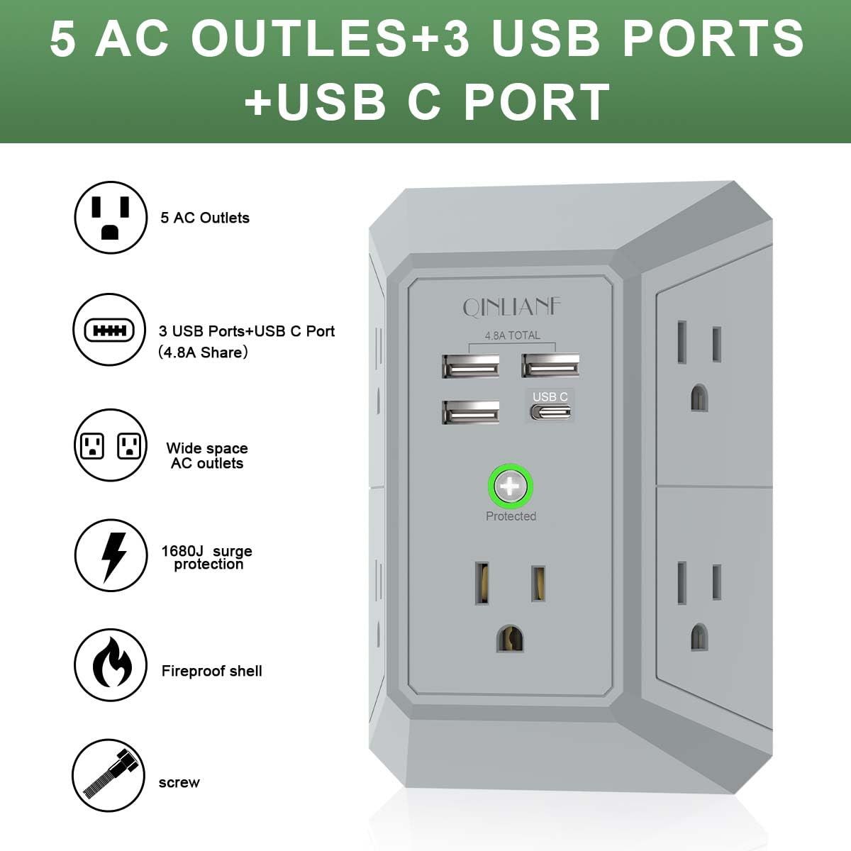 USB Wall Charger, Surge Protector, QINLIANF 5 Outlet Extender with 4 USB Charging Ports (4.8A Total) 3-Sided 1680J Power Strip Multi Plug Outlets Wall Adapter Spaced for Home Travel Office(3U1C),Grey