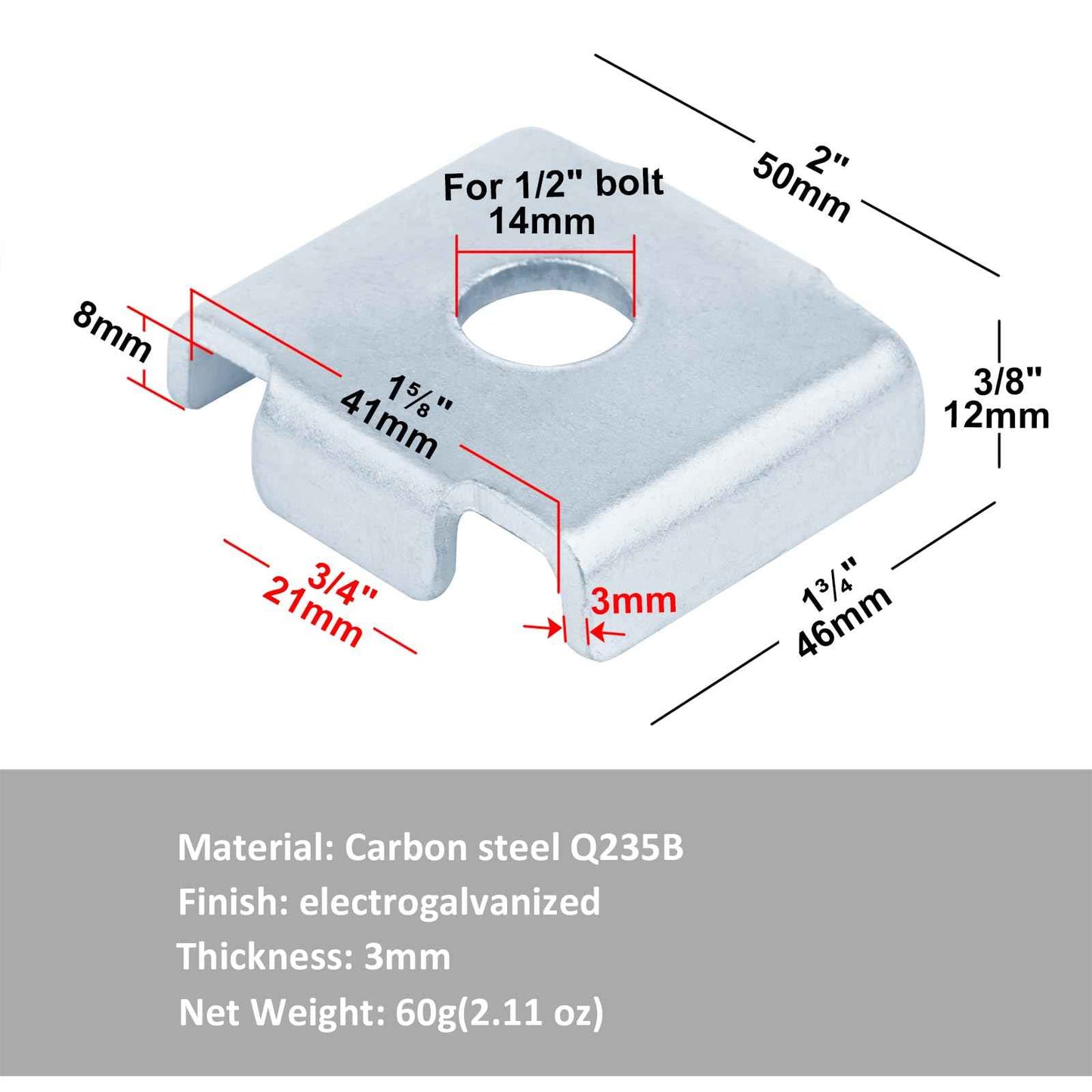YIDU69Q 20 Pcs Square Washers Accept 1/2" Bolt, Flat Saddle Washer for 1-5/8" Strut Channel