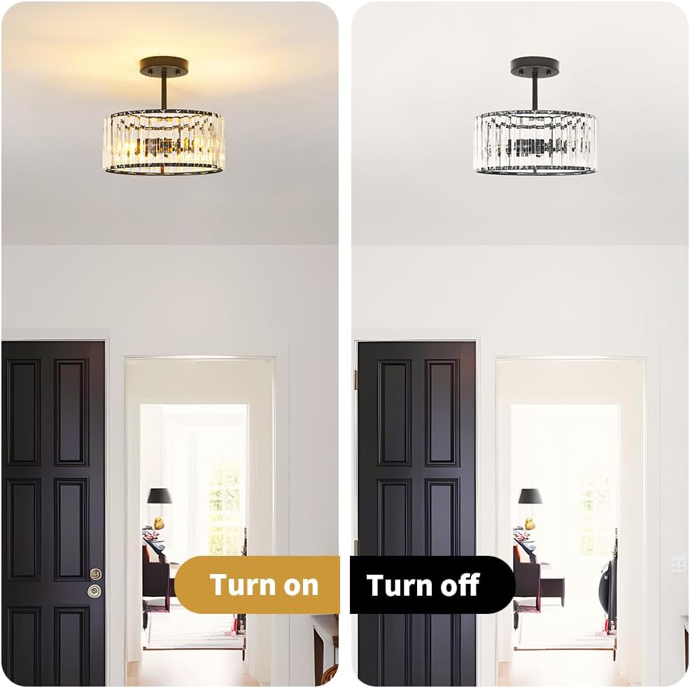 Modern Gold Crystal Ceiling Light Fixture - 11-Inch Semi Flush Mount Chandelier for Kitchen & Entryway