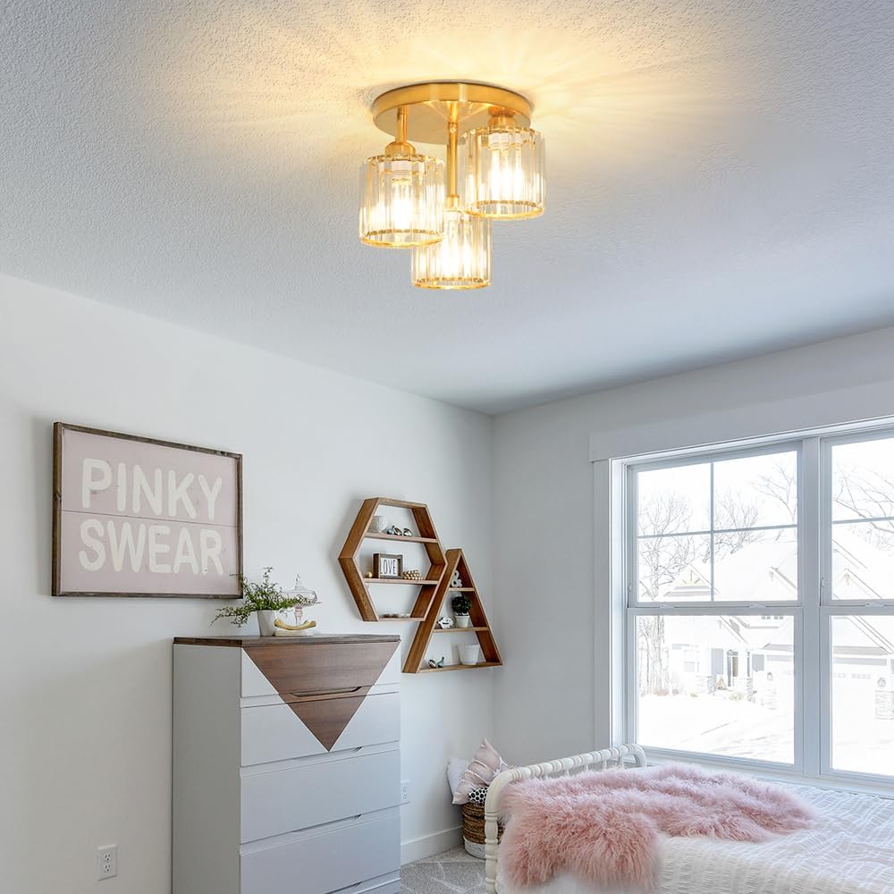 Modern Gold Crystal Ceiling Light Fixture - 11-Inch Semi Flush Mount Chandelier for Kitchen & Entryway