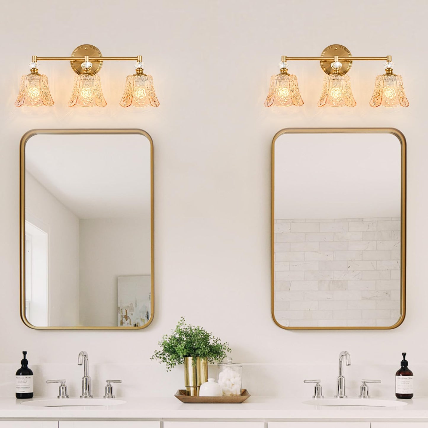 sunkryster Gold Vintage Bathroom Vanity Light Fixture, 3-Light Bathroom Lighting Gold Finish with Amber Glass Shade, Retro Brushed Gold Vanity Light for Bathroom