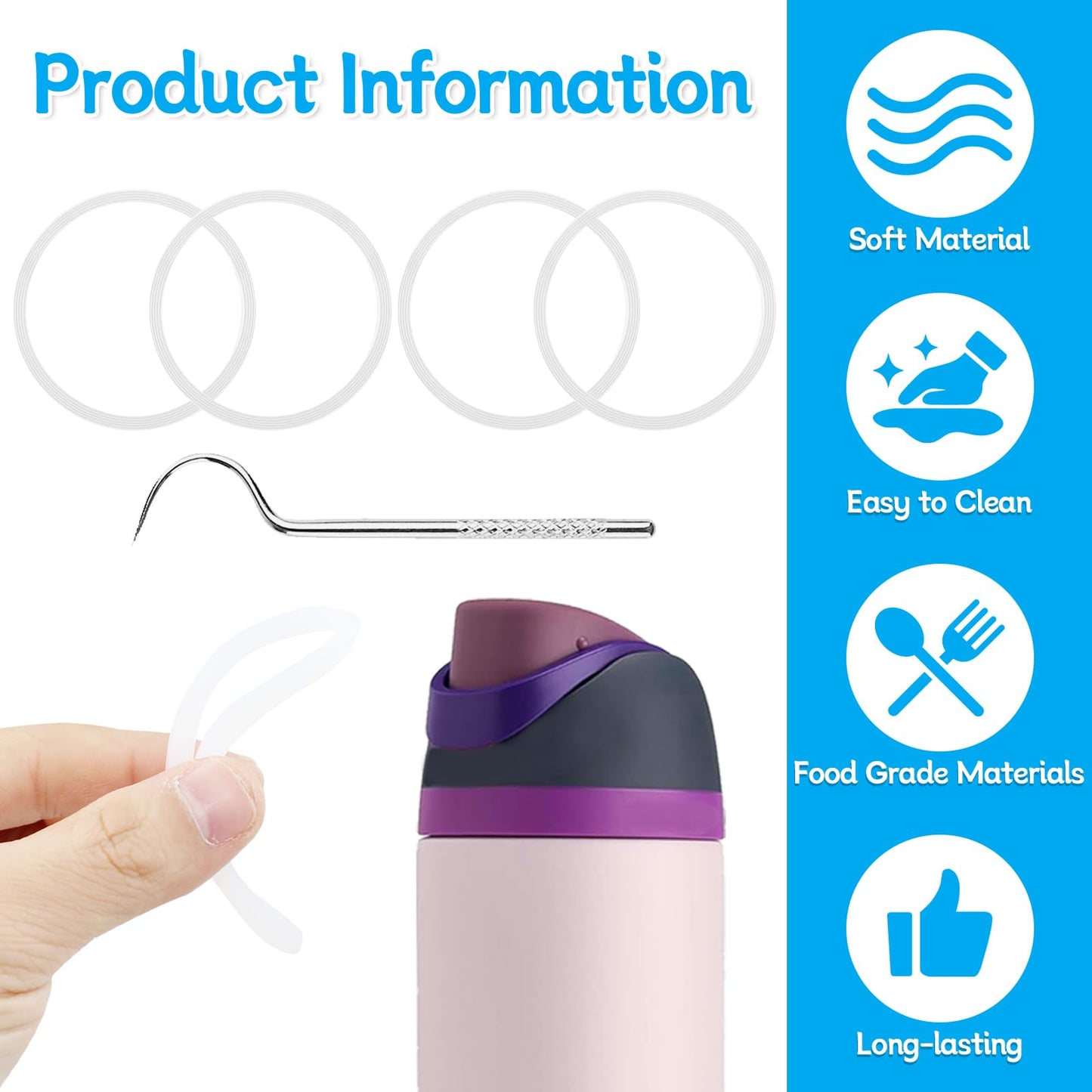 BMSQOFD 4pcs Replacement Seal O Ring Silicone Gasket Compatible with Owala FreeSip 16/24/25/32/40 oz,Water Bottle Lid Insert Piece Rubber Seal Parts for Owala Kids 12 15oz Tumbler Accessories(Clear)