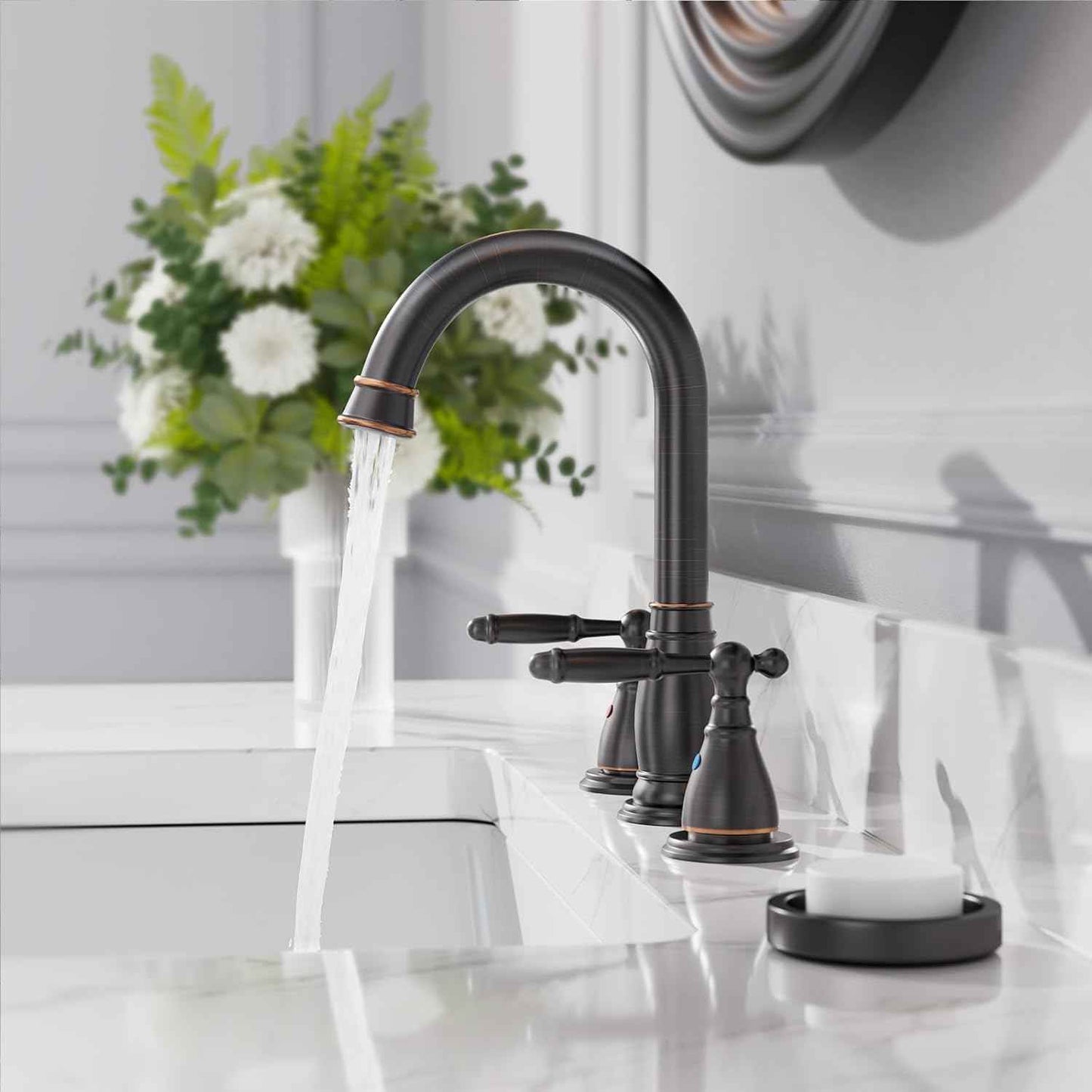 Oil Rubbed Bronze Widespread Bathroom Faucet Set with Valve & Drain - Phiestina WF017-4-ORB
