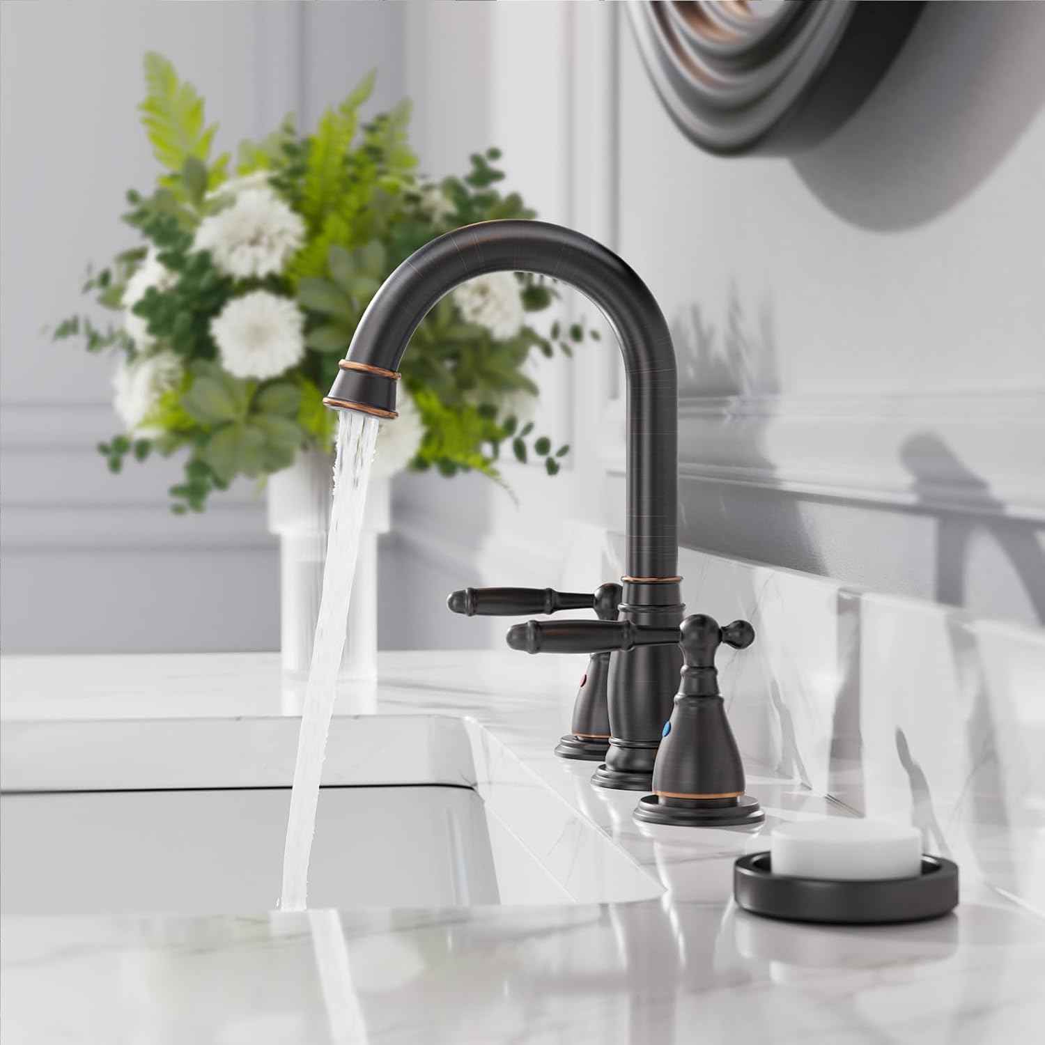 Oil Rubbed Bronze Widespread Bathroom Faucet Set with Valve & Drain - Phiestina WF017-4-ORB