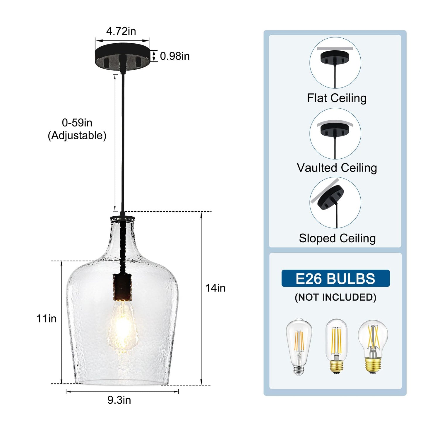 9.3" Blown Glass Pendant Lighting for Kitchen Island,Black Large Pendant Light Fixture with blown Thickened Glass,1 Light Farmhouse Hanging Light for Hallway,Bedroom, Living Room Tall 14 inch