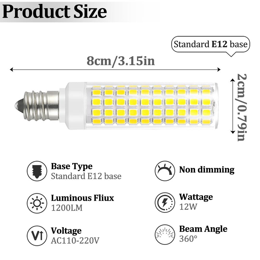 E12 100W Candelabra LED Light Bulbs Equivalent, 6000K Daylight Bright Cool White,1200 Lumen C7 T6 Not-Dimmable E12 12W LED Chandelier Bulbs for Ceiling Fan Pendant Salt Lamp,2 Pack