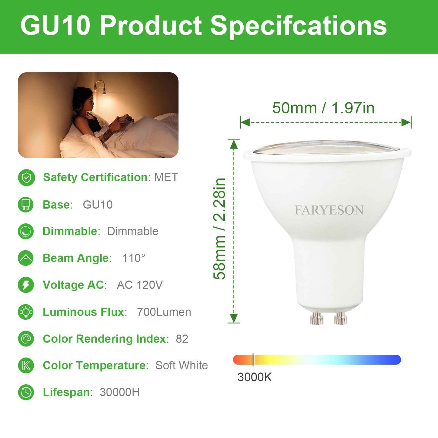 faryeson Dimmable GU10 LED Light Bulbs - 5W Energy-Efficient, 700 Lumens Soft White (3000K), 110° Flood Beam, Ideal Replacement for Halogen Bulb in Recessed & Track Lighting, 6-Pack
