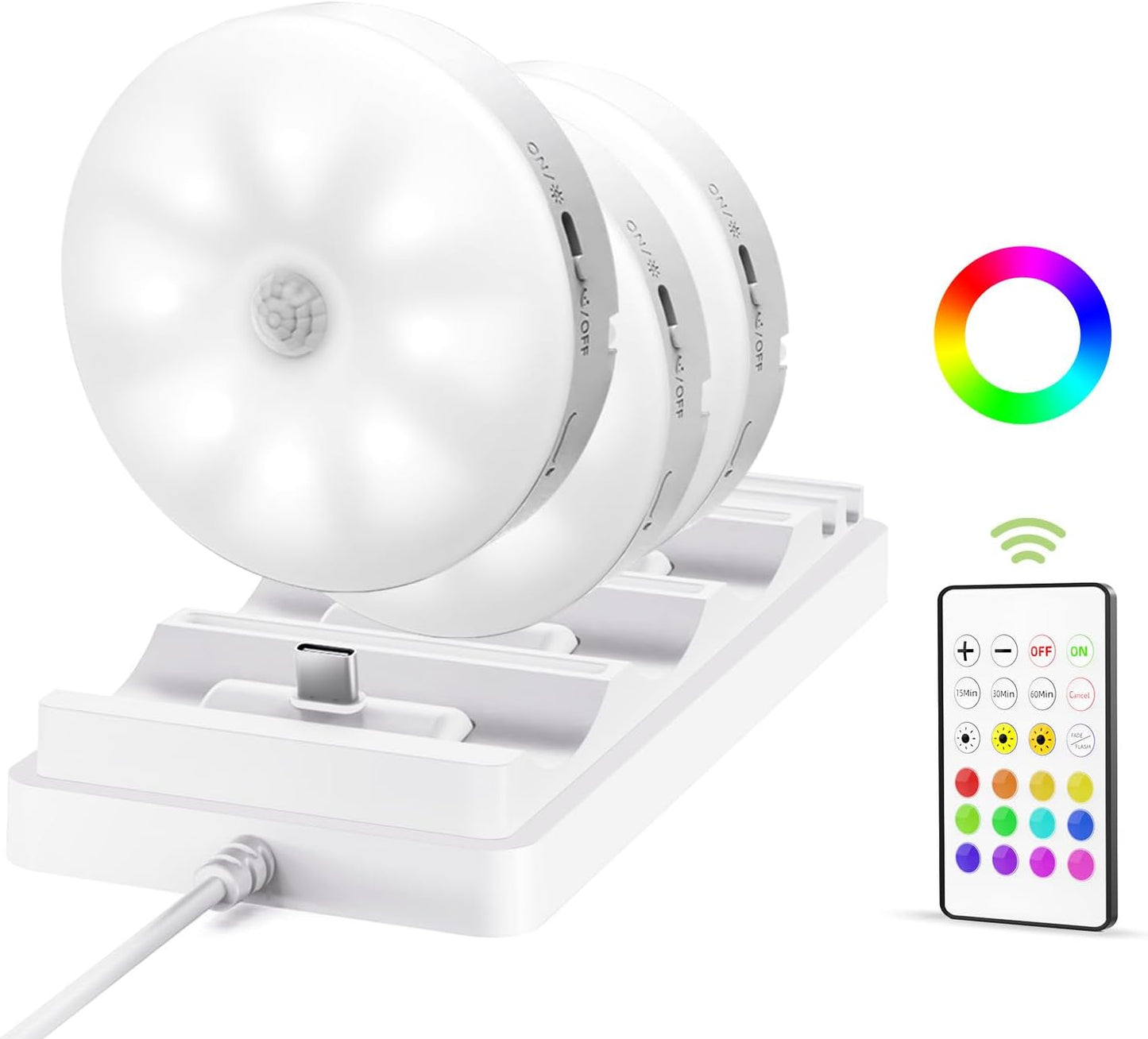 Rechargeable Under Cabinet Puck Lights with Remote - Dimmable RGB & 3 Color Temps (6 Pack)