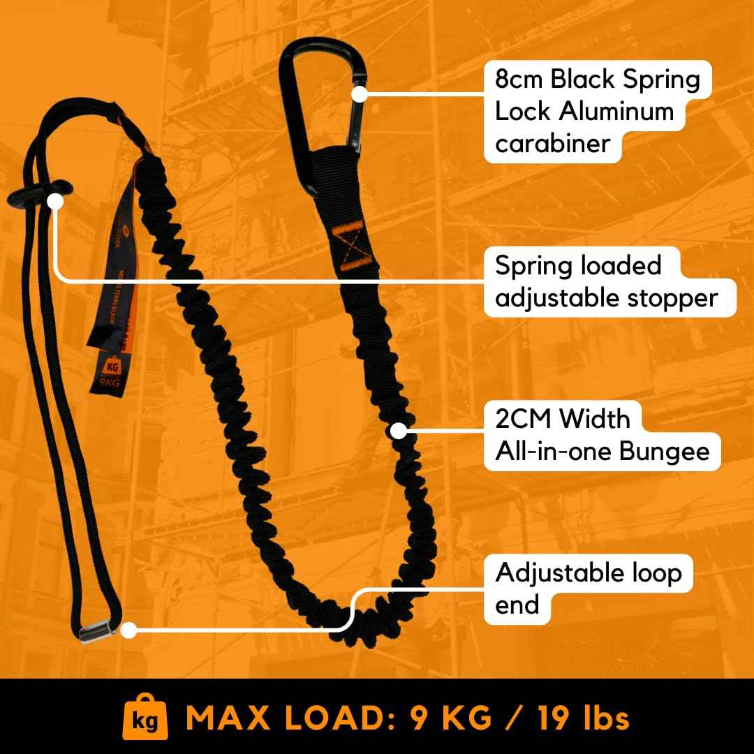 Tool Lanyard with Spring Locking Aluminum Carabiner & Adjustable Loop End, 153 cm Working Length, Max Load 9KG - Tool Safety for Scaffolding & Working at Height - 3 Pack