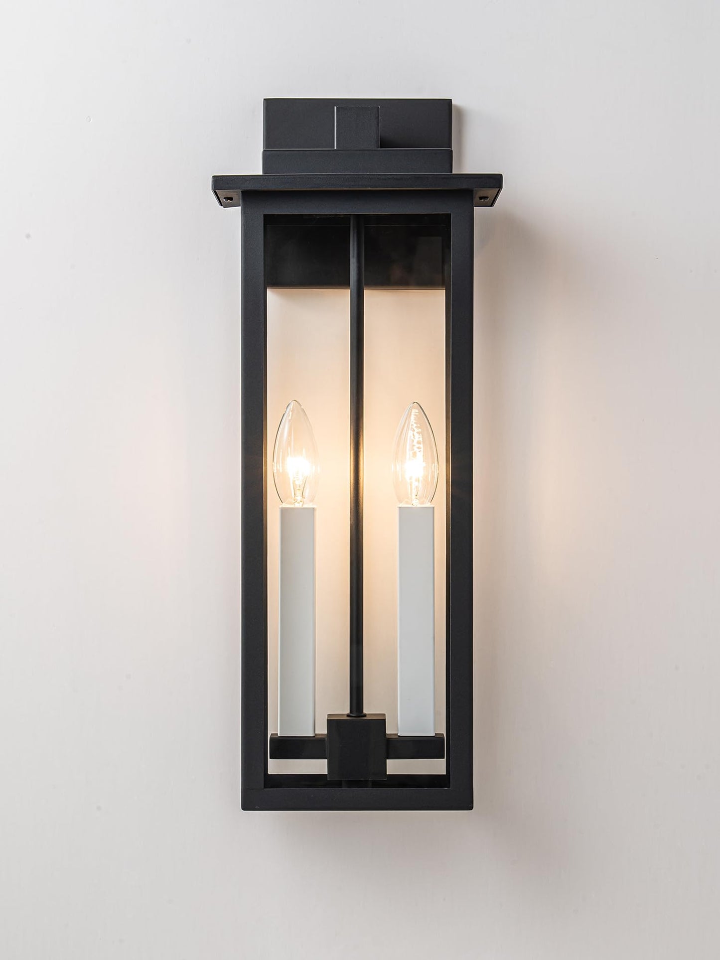 OUPAVOCS Outdoor Wall Lights, Large Porch Lights Fixture Wall Mount, Black Exterior Wall Sconce with Clear Glass, White Candelabra, Waterproof Outside Patio Light Fixture for House, Garage