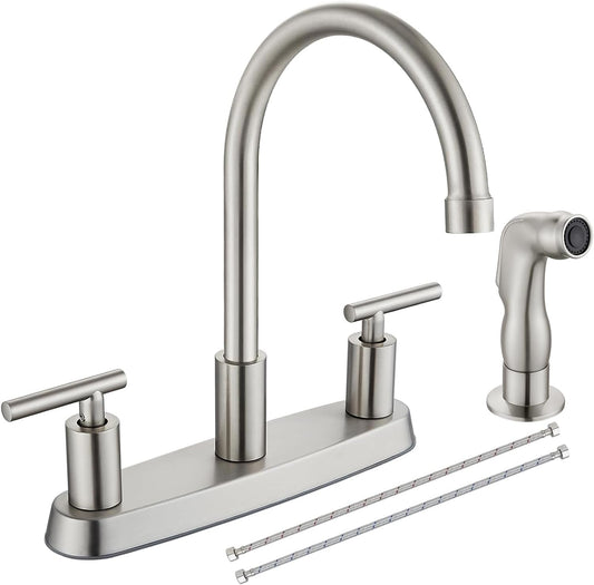 Brushed Nickel Kitchen Faucet with 360° Rotating Spout & Side Sprayer - 2 Handle, 8 Inch Centerset