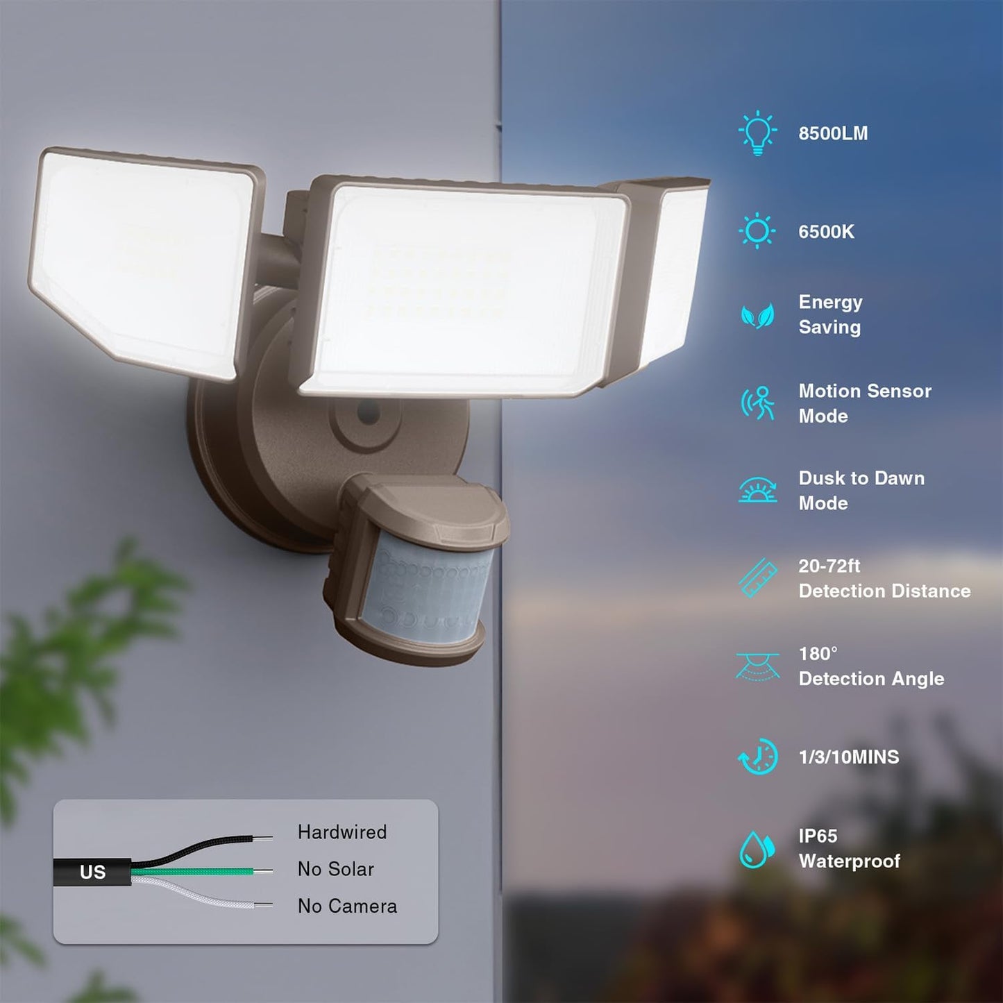 85W LED Motion Sensor Security Light - 8500LM Dusk to Dawn, 3-Head Waterproof Floodlight for Garage, Yard & Porch