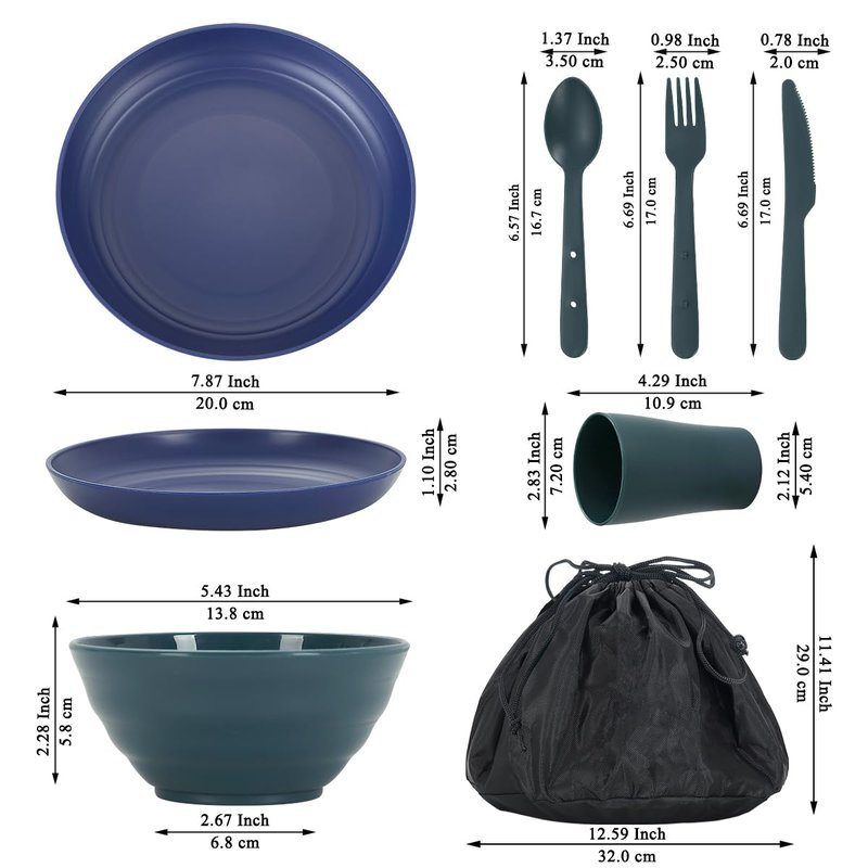 ReaNea Camping Mess Kit for 2 with Bowl, Plate, Cup, Spoon, Fork, Knife and Carry Bag, Plastic Camping Accessories Essentials Gear for Couple Travel, Picnic, Outdoor, Easy to Carry