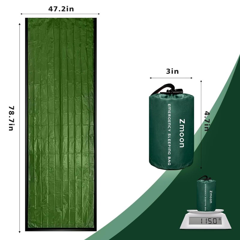 Zmoon Emergency Sleeping Bag Survival Bag, Portable Waterproof Thermal Bivy Sacks,Bivvy Bags,Camping Mylar Sleeping Bag Survival Gear Emergency Blankets Survival Shelter (Green Pack of 4)