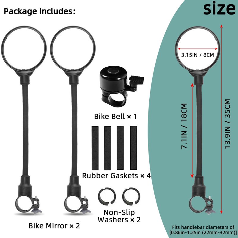 YISUGOOC Bike Mirror With Bike Bell 360° Adjustable HD Convex Handlebar Mirror Anti-Scratch Riding Mirrors (2* Mirror + 1* Bell)