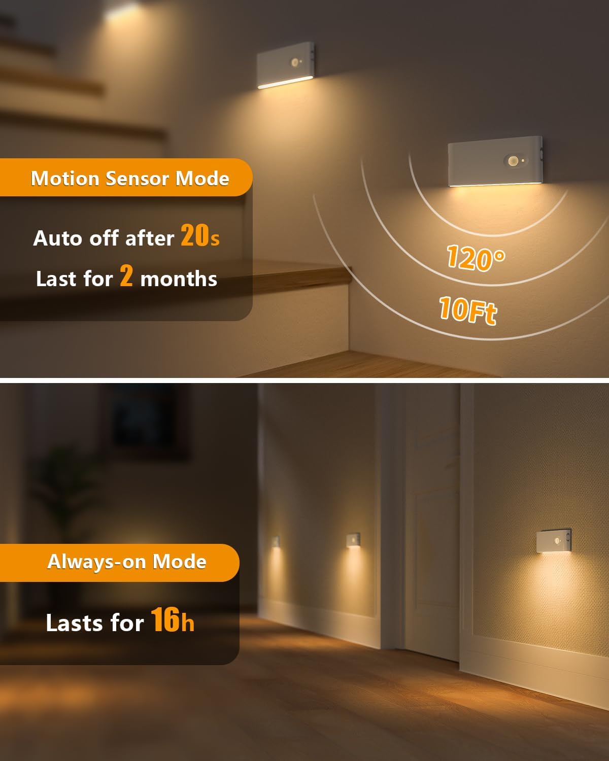 Rechargeable Motion Sensor Night Light - Wireless Battery-Powered LED for Hallway, Stairway & Bathroom - 6 Pack