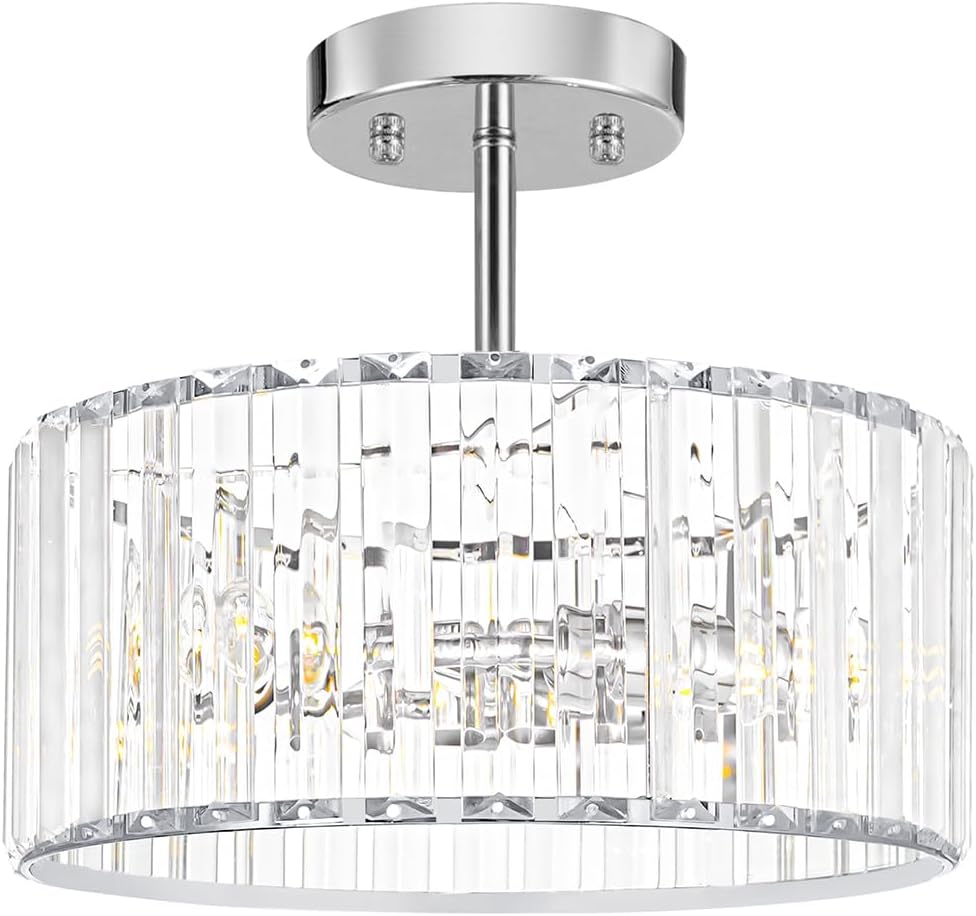 Modern Gold Crystal Ceiling Light Fixture - 11-Inch Semi Flush Mount Chandelier for Kitchen & Entryway