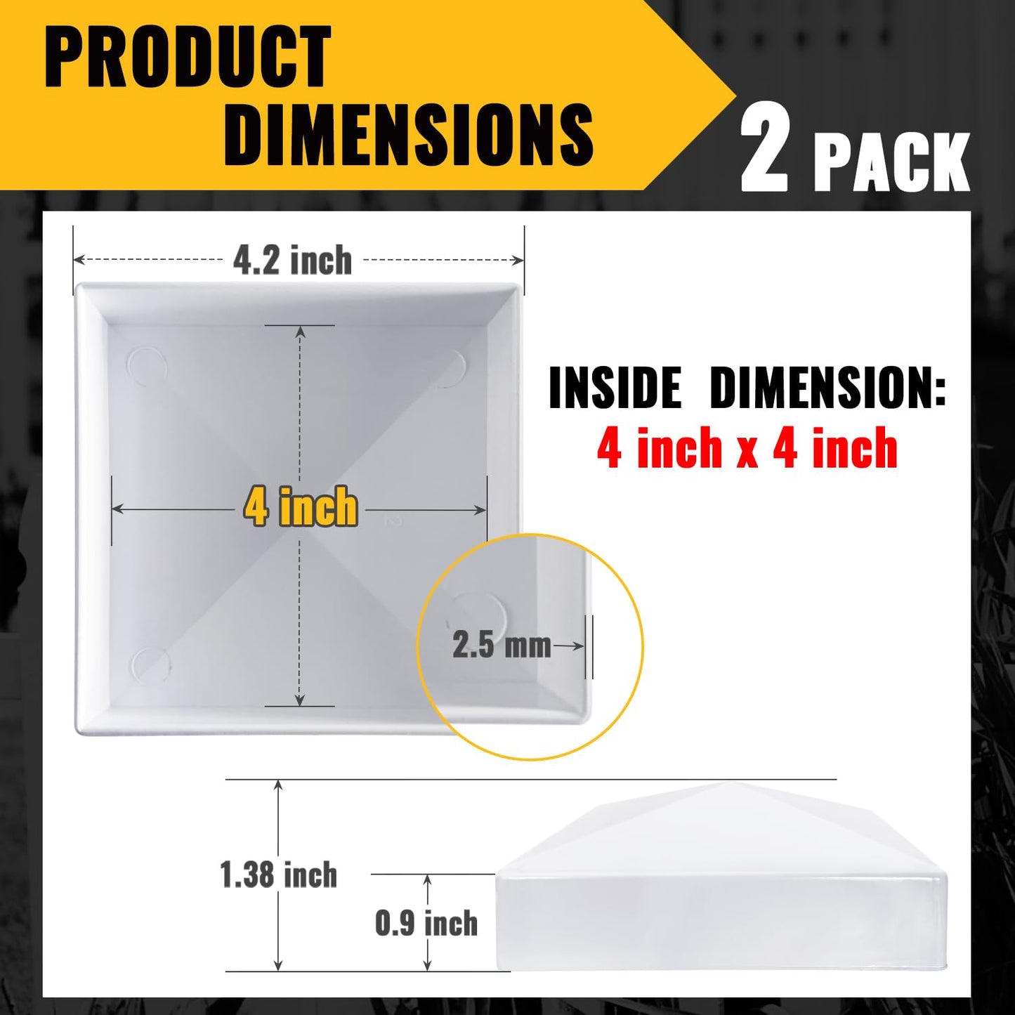 VIVIDA 4" x 4" Vinyl Post Caps (2-Pack), White PVC Pyramid Fence Post Top Caps for Actual 4" x 4" Vinyl Fence, Deck, Mailbox
