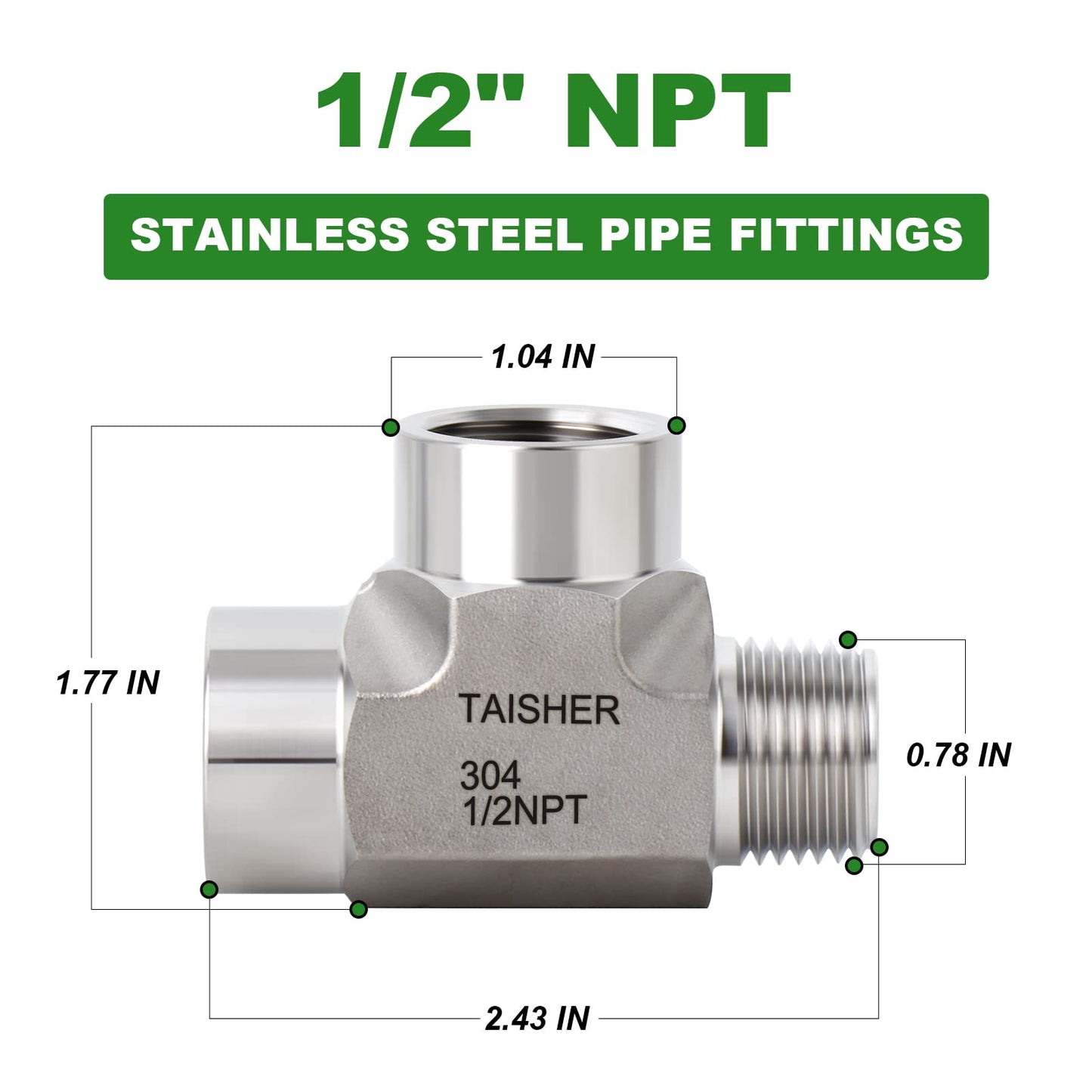 TAISHER 1PCS Forging of 304 Stainless Steel Tee Pipe Fittings, 1/2" NPT Female x 1/2" NPT Female x 1/2" NPT Male Pipe Fittings, Male Run Tee