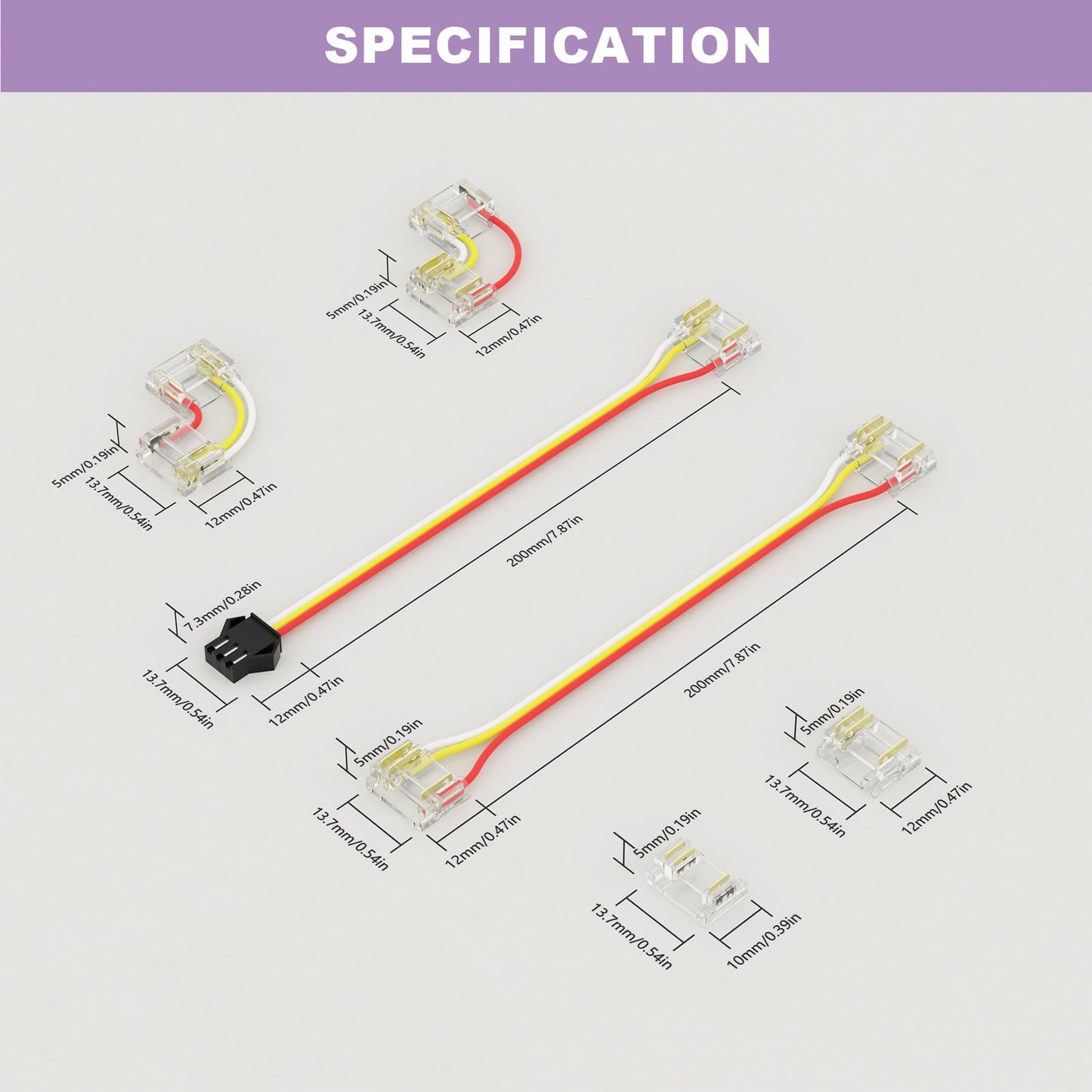 MIWISE 12mm Connectors Kit for 3-Pin RGB Smart IC COB LED Strip Lights,L-Shaped/Gapless/Strip to Wire Connectors,Dual-End Extenders with 22AWG Wires,Solderless Extension Connectors,24V/12V/5V/9V