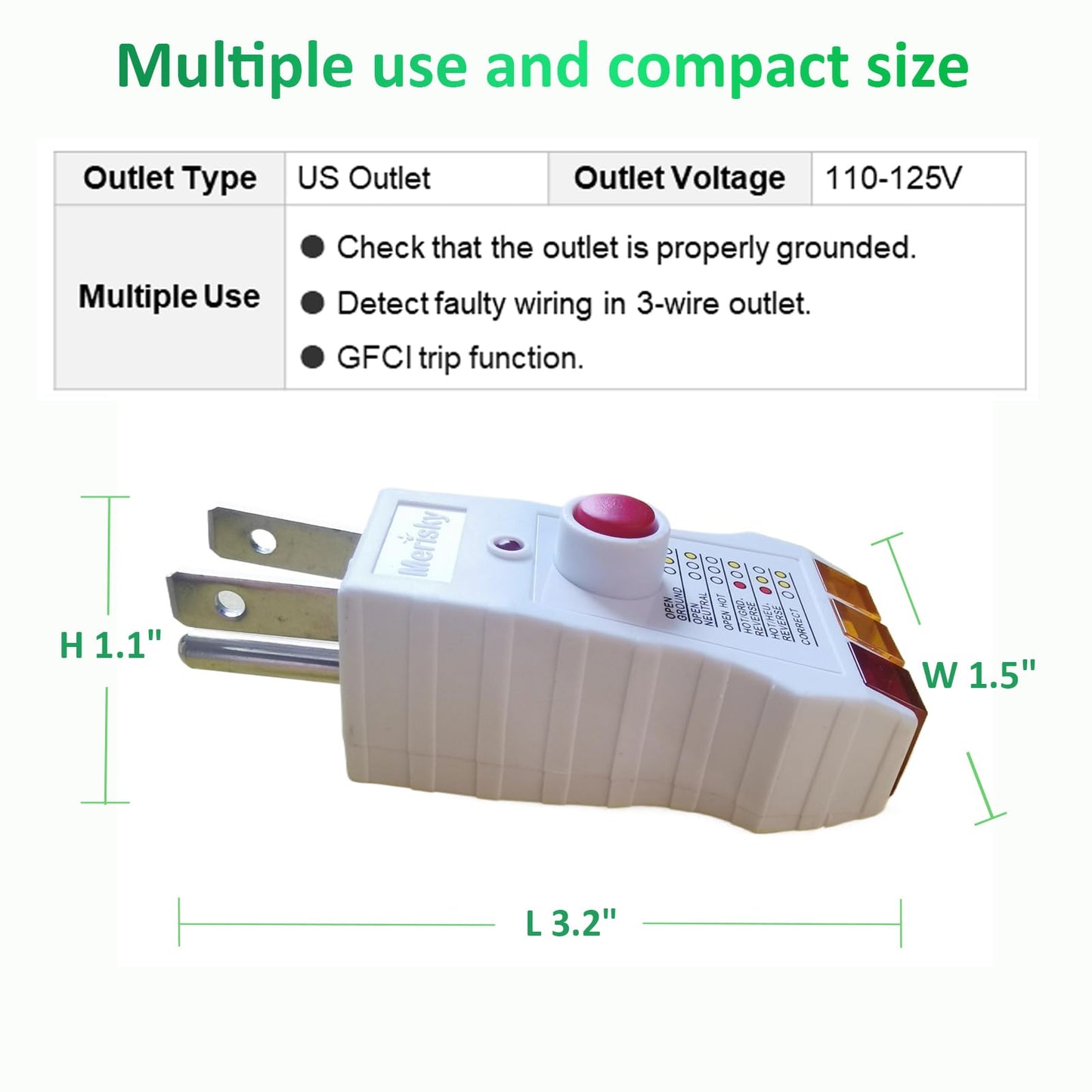 Merisky Outlet Tester for Grounding Products, Grounding Tester with GFCI, Receptacle Socket Tester for Proper Wiring, Circuit Tester for Electrical Assessment