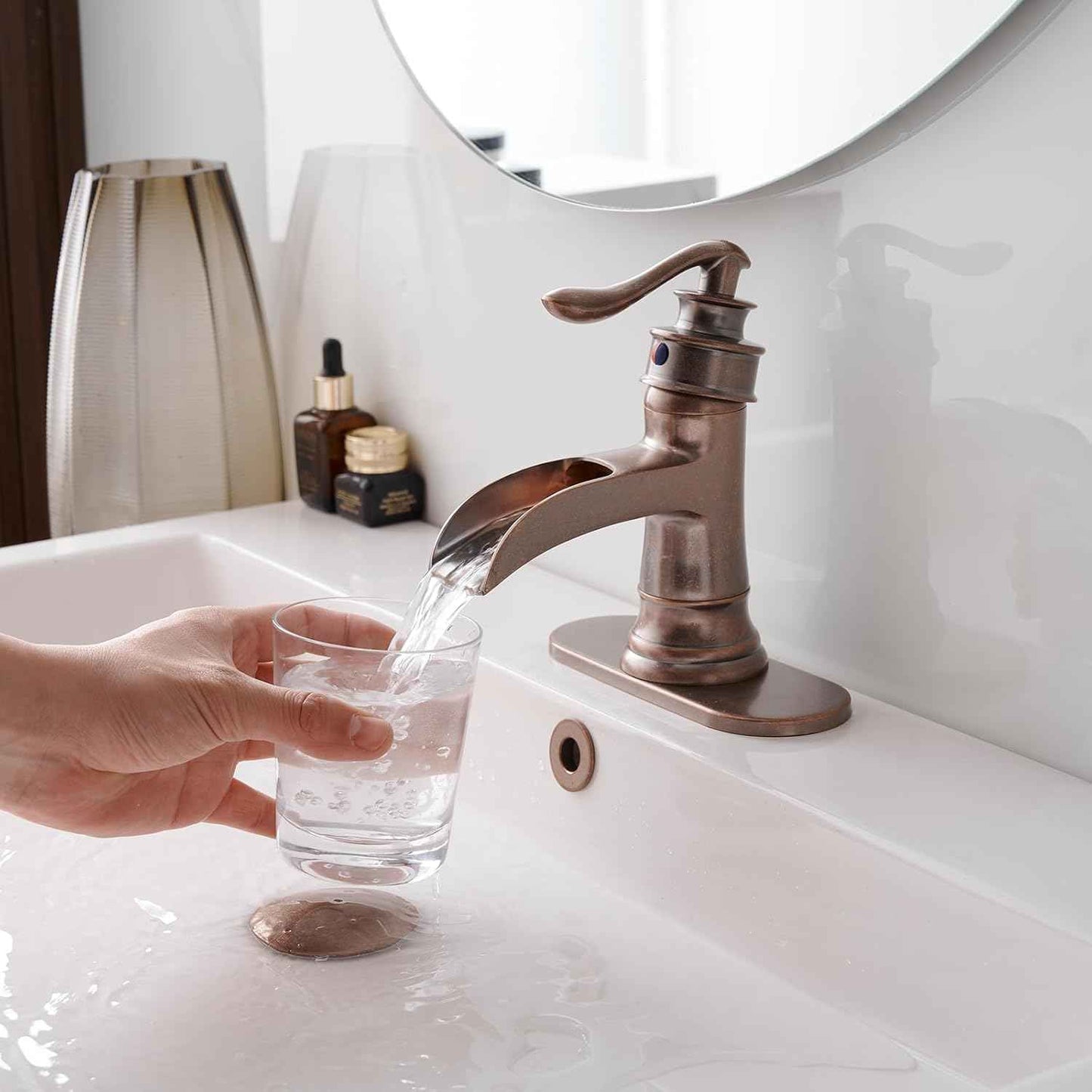 Matte Black Waterfall Bathroom Faucet - Single Handle Lavatory Sink Mixer with Brass Drain