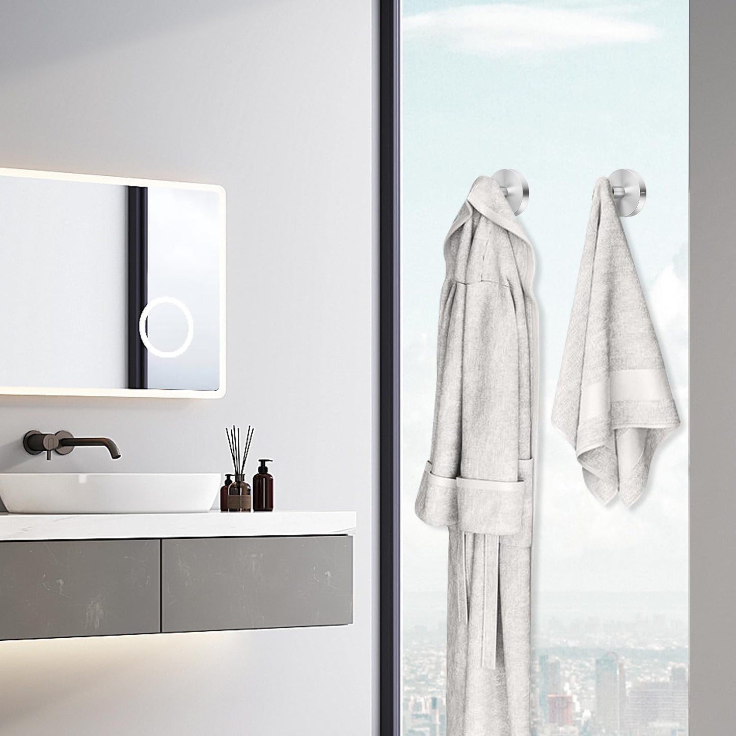 HRMNUS Suction Cup Hooks for Shower, Bathroom,Glass Door, Mirror, Kitchen,Tile – Loofah, Towel, Coat, No-Drill Bath Robe Hook Holder for Hanging up to 15 lbs Removable Wall Hooks,Brushed silver,4packs