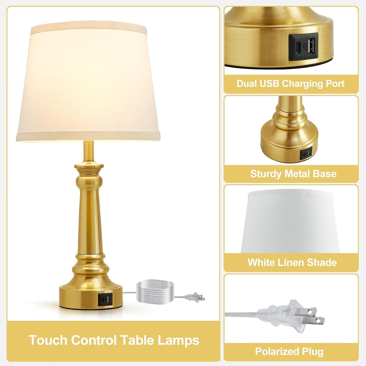 Touch Bedside Table Lamps Set of 2 with USB C+A Ports - 3-Way Dimmable Linen Shade