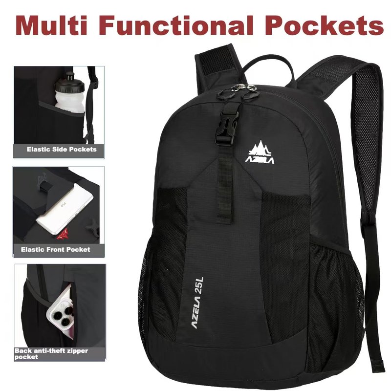 Nastravail Lightweight Packable Backpack 25L Small Lightweight Backpack for Travel Hiking Daypack Foldable Daypack for Women Men Black