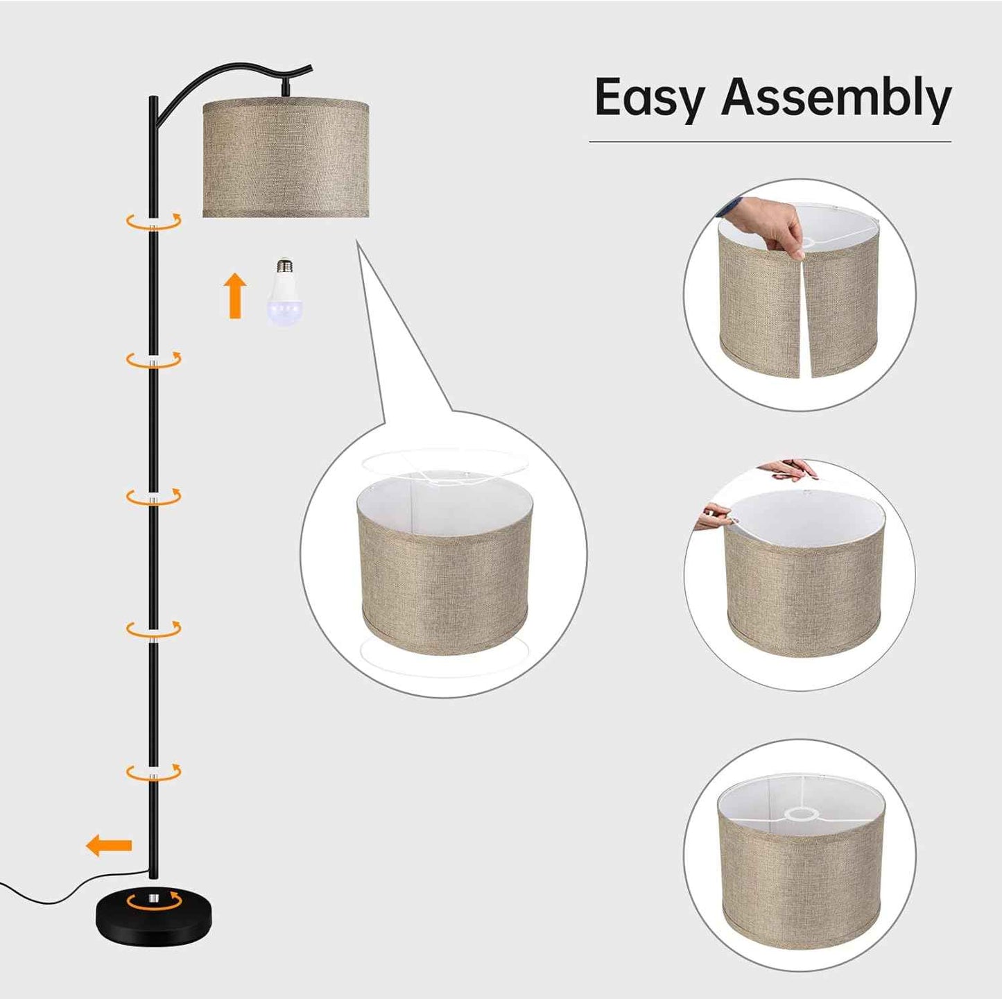 Modern LED Floor Lamp with Bohemian Linen Shade – Arched Tall Standing Light for Living Room & Bedroom