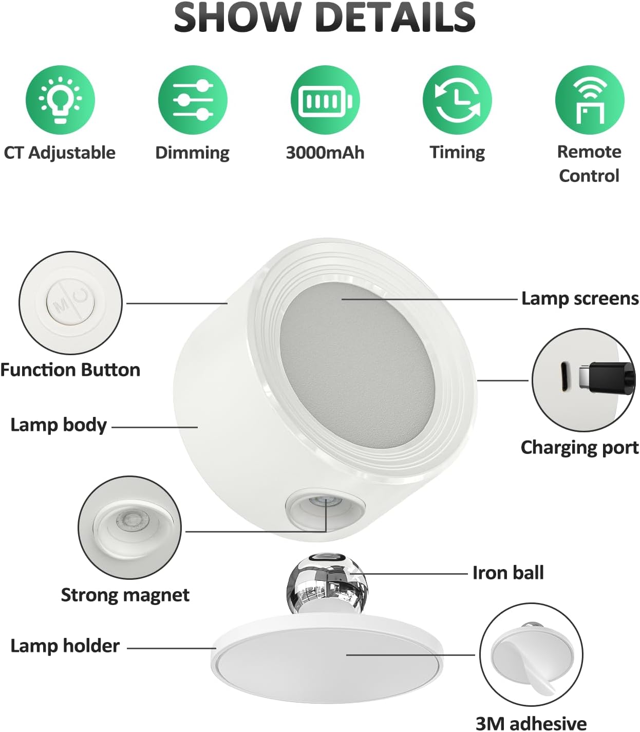 Rechargeable LED Wall Mounted Lights - 3 Pack with Remote, Dimmable & 360° Rotation for Bedroom