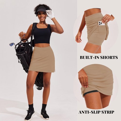 Ekouaer High Waisted Skort for Women 16 Inch Silicone Grippers Golf Skirts for Woman Workout Skirt Tennis Skirt,Khaki Medium