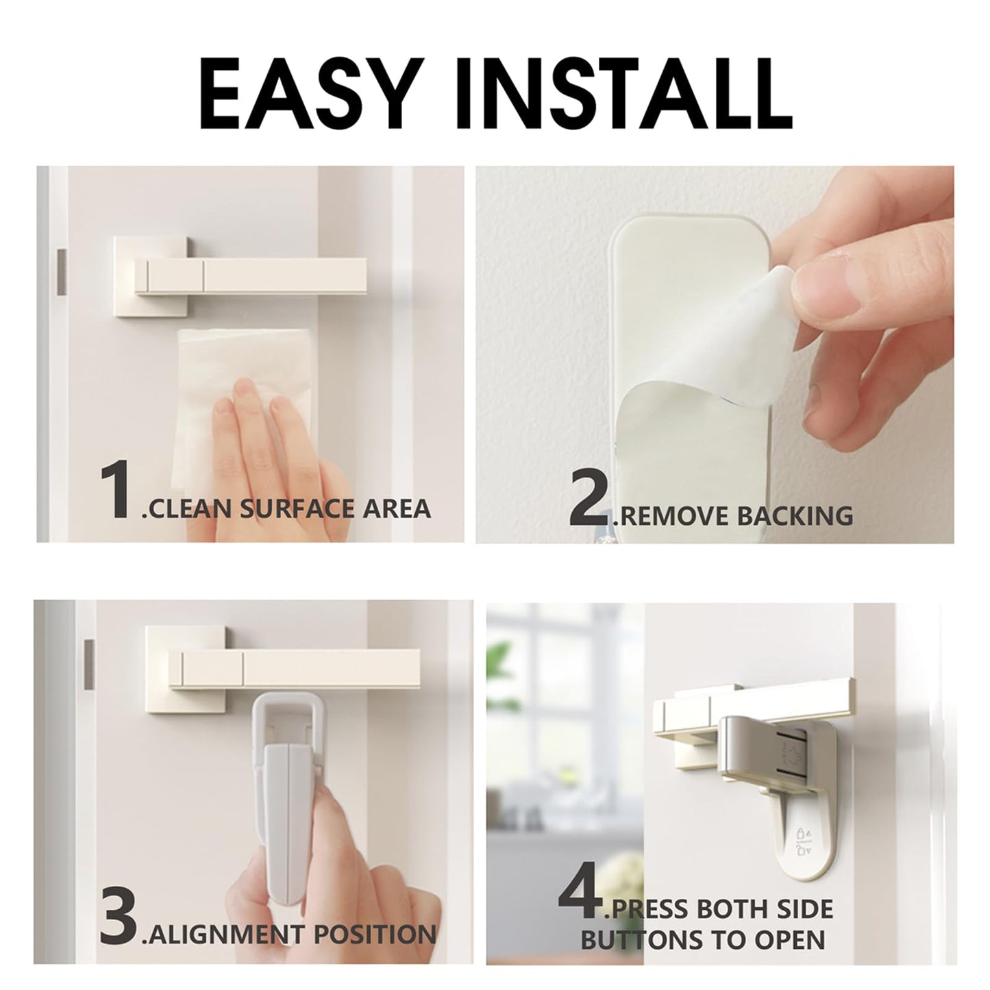 KIZZHISI Child Proof Door Lock (2 Pack) - No-Drill Universal Door Handle Lock with 3M Adhesive, Light Gray Durable ABS Door Handle Baby Proof - Easy One Hand Operation for Adults